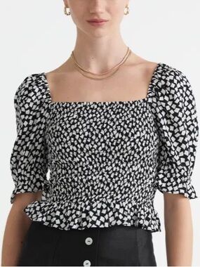 & Other Stories Black and White Smocked Square-Neck Top